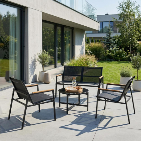Set mobilier gradina 4 locuri, canapea 2 locuri, 2 scaune si masa rotunda sticla, cadru metalic, 119x71x82 cm, negru [26]