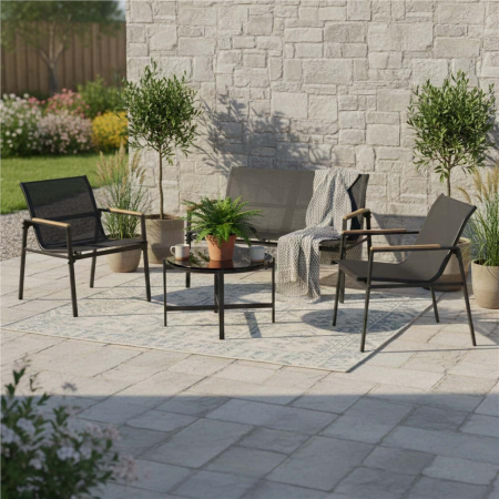 Set mobilier gradina 4 locuri, canapea 2 locuri, 2 scaune si masa rotunda sticla, cadru metalic, 119x71x82 cm, negru [8]