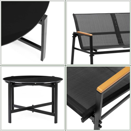 Set mobilier gradina 4 locuri, canapea 2 locuri, 2 scaune si masa rotunda sticla, cadru metalic, 119x71x82 cm, negru [21]