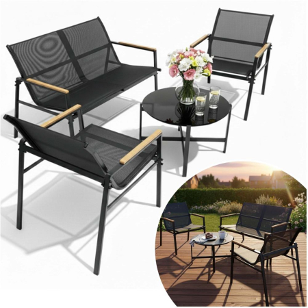 Set mobilier gradina 4 locuri, canapea 2 locuri, 2 scaune si masa rotunda sticla, cadru metalic, 119x71x82 cm, negru [5]