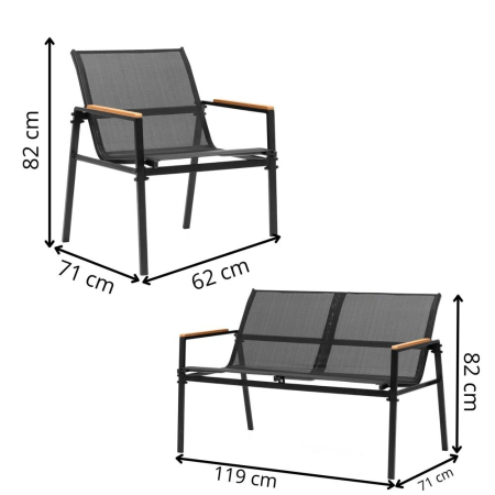 Set mobilier gradina 4 locuri, canapea 2 locuri, 2 scaune si masa rotunda sticla, cadru metalic, 119x71x82 cm, negru [19]