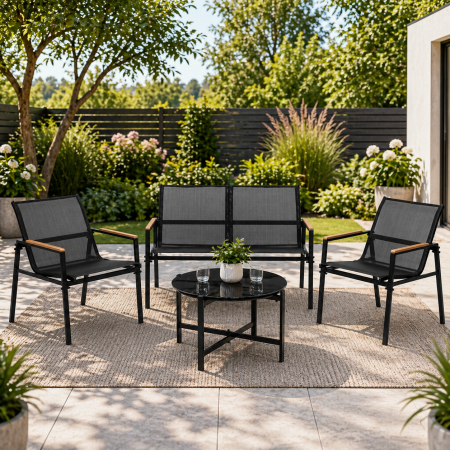 Mobilier gradina si terasa - Set mobilier gradina 4 locuri, canapea 2 locuri, 2 scaune si masa rotunda sticla, cadru metalic, 119x71x82 cm, negru