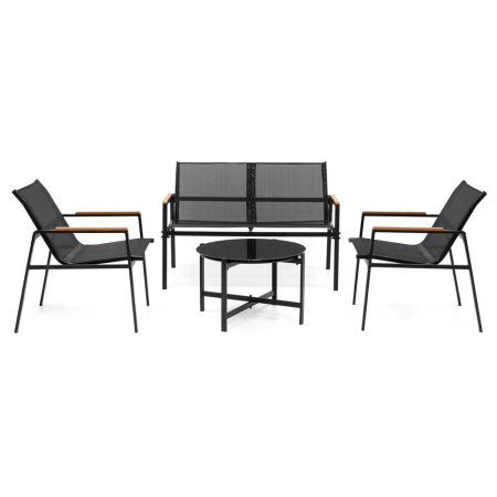 Set mobilier gradina 4 locuri, canapea 2 locuri, 2 scaune si masa rotunda sticla, cadru metalic, 119x71x82 cm, negru [3]