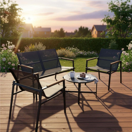Set mobilier gradina 4 locuri, canapea 2 locuri, 2 scaune si masa rotunda sticla, cadru metalic, 119x71x82 cm, negru [7]