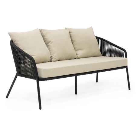 Set mobilier gradina 4 piese cu canapea sofa, 2 fotolii si masa sticla, cadru metalic, negru cu perne bej [23]