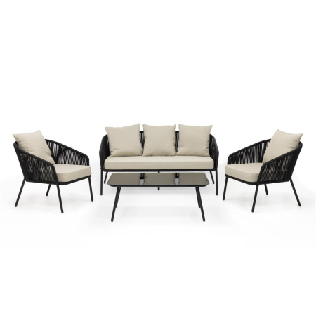 Set mobilier gradina 4 piese cu canapea sofa, 2 fotolii si masa sticla, cadru metalic, negru cu perne bej [1]