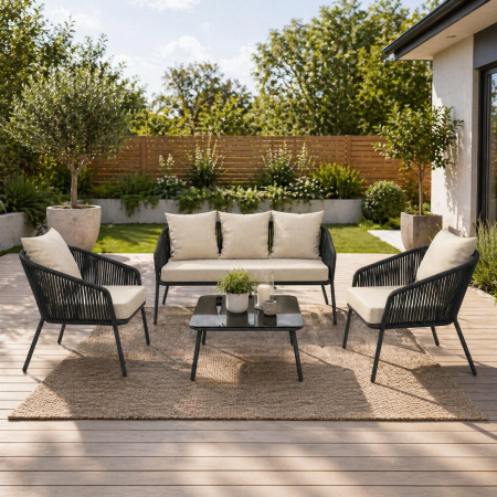 Mobilier gradina si terasa - Set mobilier gradina 4 piese cu canapea sofa, 2 fotolii si masa sticla, cadru metalic, negru cu perne bej