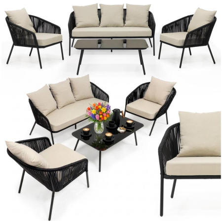 Set mobilier gradina 4 piese cu canapea sofa, 2 fotolii si masa sticla, cadru metalic, negru cu perne bej [2]