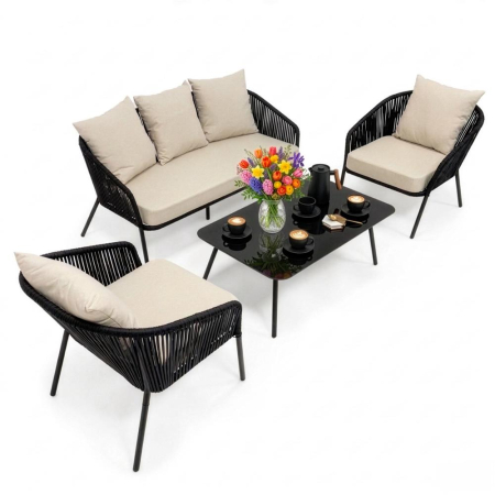 Set mobilier gradina 4 piese cu canapea sofa, 2 fotolii si masa sticla, cadru metalic, negru cu perne bej [8]