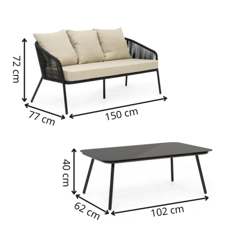 Set mobilier gradina 4 piese cu canapea sofa, 2 fotolii si masa sticla, cadru metalic, negru cu perne bej [5]