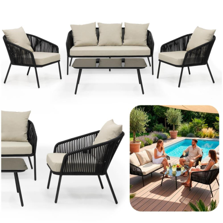 Set mobilier gradina 4 piese cu canapea sofa, 2 fotolii si masa sticla, cadru metalic, negru cu perne bej [14]