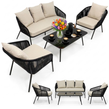 Set mobilier gradina 4 piese cu canapea sofa, 2 fotolii si masa sticla, cadru metalic, negru cu perne bej [13]