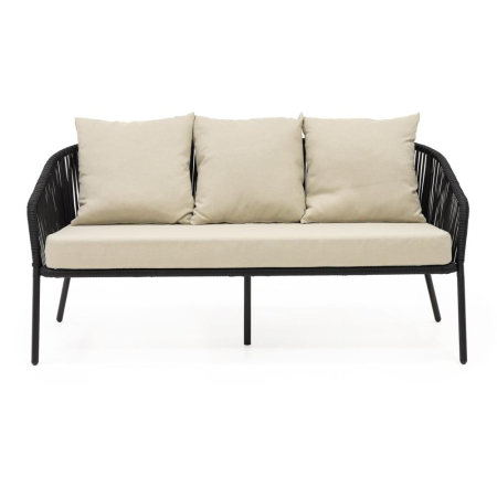 Set mobilier gradina 4 piese cu canapea sofa, 2 fotolii si masa sticla, cadru metalic, negru cu perne bej [21]