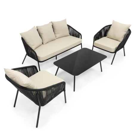 Set mobilier gradina 4 piese cu canapea sofa, 2 fotolii si masa sticla, cadru metalic, negru cu perne bej [7]