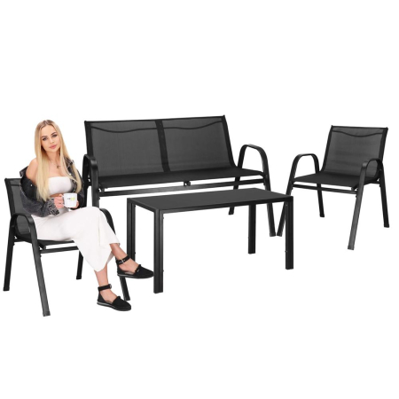 Set mobilier gradina 4 piese, masa cu sticla securizata, 2 scaune si canapea, cadru metalic, negru [4]
