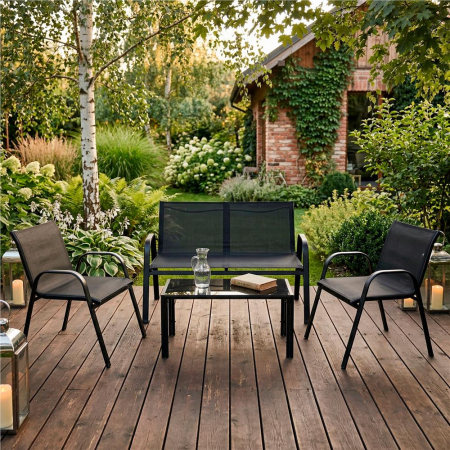 Set mobilier gradina 4 piese, masa cu sticla securizata, 2 scaune si canapea, cadru metalic, negru [33]