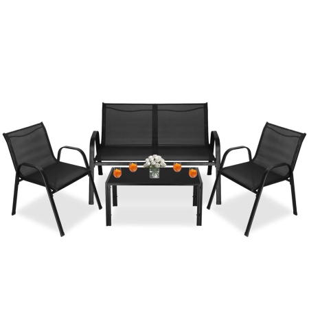 Set mobilier gradina 4 piese, masa cu sticla securizata, 2 scaune si canapea, cadru metalic, negru [30]