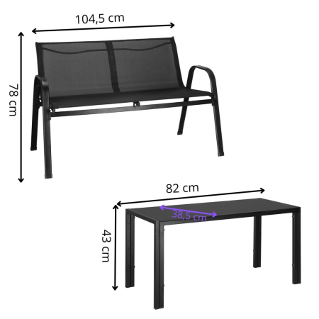 Set mobilier gradina 4 piese, masa cu sticla securizata, 2 scaune si canapea, cadru metalic, negru [28]