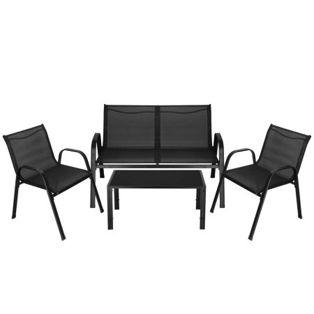 Mobilier gradina si terasa - Set mobilier gradina 4 piese, masa cu sticla securizata, 2 scaune si canapea, cadru metalic, negru