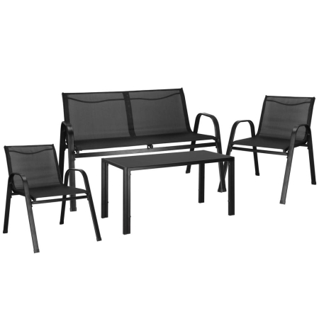 Set mobilier gradina 4 piese, masa cu sticla securizata, 2 scaune si canapea, cadru metalic, negru [18]