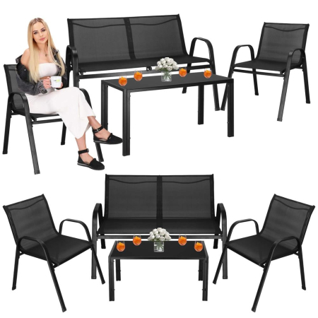 Set mobilier gradina 4 piese, masa cu sticla securizata, 2 scaune si canapea, cadru metalic, negru [19]