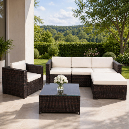 Mobilier gradina si terasa - Set mobilier gradina 6 piese din technorattan cu masa si perne, instalare modulara configurabila, maro si crem