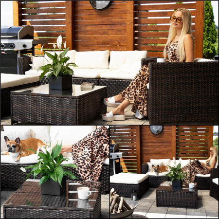 Set mobilier gradina 6 piese din technorattan cu masa si perne, instalare modulara configurabila, maro si crem [31]