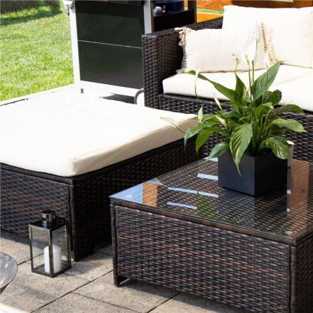 Set mobilier gradina 6 piese din technorattan cu masa si perne, instalare modulara configurabila, maro si crem [38]