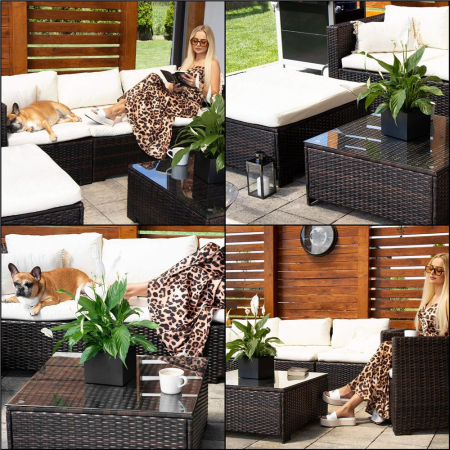 Set mobilier gradina 6 piese din technorattan cu masa si perne, instalare modulara configurabila, maro si crem [33]