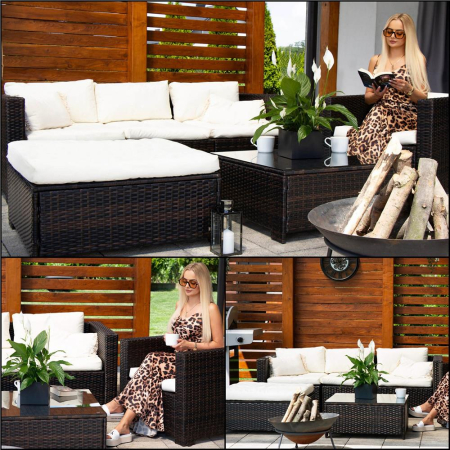 Set mobilier gradina 6 piese din technorattan cu masa si perne, instalare modulara configurabila, maro si crem [30]
