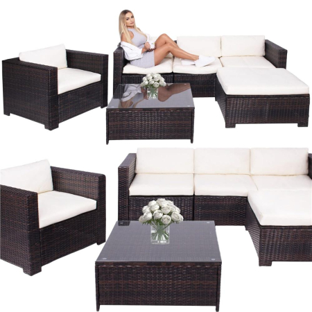 Set mobilier gradina 6 piese din technorattan cu masa si perne, instalare modulara configurabila, maro si crem [5]