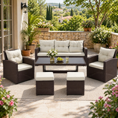 Mobilier gradina si terasa - Set mobilier gradina 7 piese, canapea 3 locuri, 2 fotolii, 2 tabureti si masa cu blat de sticla, ratan PE, maro si bej