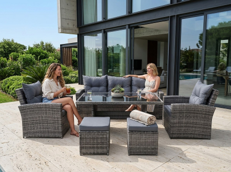 Set mobilier gradina 7 piese, canapea 3 locuri, 2 fotolii, 2 tabureti si masa cu blat sticla, ratan PE, 187x78x85 cm, gri [3]