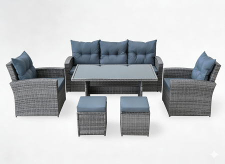 Set mobilier gradina 7 piese, canapea 3 locuri, 2 fotolii, 2 tabureti si masa cu blat sticla, ratan PE, 187x78x85 cm, gri [5]
