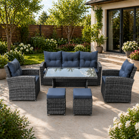 Mobilier gradina si terasa - Set mobilier gradina 7 piese, canapea 3 locuri, 2 fotolii, 2 tabureti si masa cu blat sticla, ratan PE, 187x78x85 cm, gri