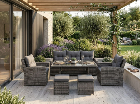 Set mobilier gradina 7 piese, canapea 3 locuri, 2 fotolii, 2 tabureti si masa cu blat sticla, ratan PE, 187x78x85 cm, gri [1]