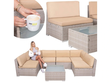 Set mobilier gradina 7 piese, canapea modulara colt L sau U, perne groase, masa cu blat sticla, technoratan, bej [3]