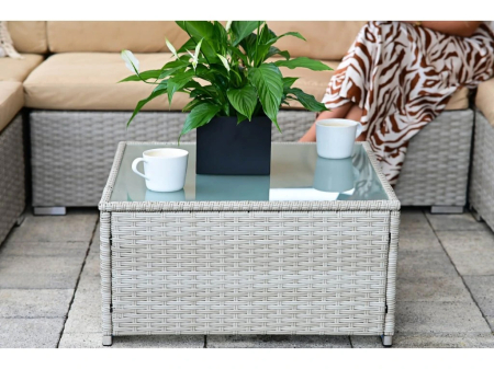 Set mobilier gradina 7 piese, canapea modulara colt L sau U, perne groase, masa cu blat sticla, technoratan, bej [23]