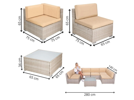 Set mobilier gradina 7 piese, canapea modulara colt L sau U, perne groase, masa cu blat sticla, technoratan, bej [20]