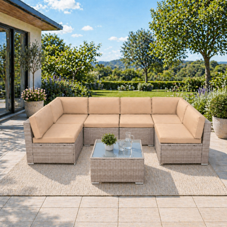 Mobilier gradina si terasa - Set mobilier gradina 7 piese, canapea modulara colt L sau U, perne groase, masa cu blat sticla, technoratan, bej