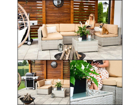 Set mobilier gradina 7 piese, canapea modulara colt L sau U, perne groase, masa cu blat sticla, technoratan, bej [26]
