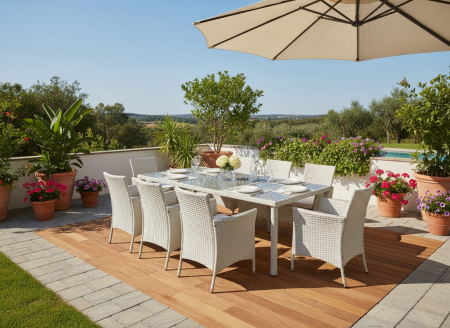 Set mobilier gradina 8 scaune si masa 196x98x73 cm, ratan si cadru otel zincat, blat masa sticla securizata, gri [9]