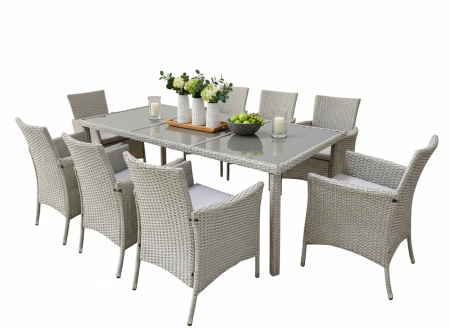 Set mobilier gradina 8 scaune si masa 196x98x73 cm, ratan si cadru otel zincat, blat masa sticla securizata, gri [7]