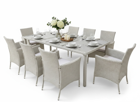 Set mobilier gradina 8 scaune si masa 196x98x73 cm, ratan si cadru otel zincat, blat masa sticla securizata, gri [3]
