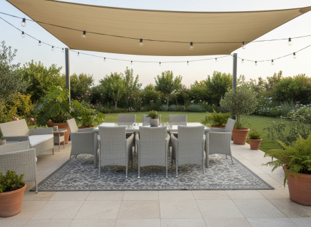 Set mobilier gradina 8 scaune si masa 196x98x73 cm, ratan si cadru otel zincat, blat masa sticla securizata, gri [8]
