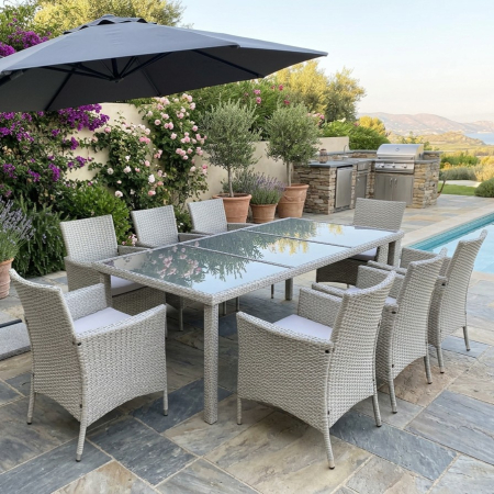 Mobilier gradina si terasa - Set mobilier gradina 8 scaune si masa 196x98x73 cm, ratan si cadru otel zincat, blat masa sticla securizata, gri