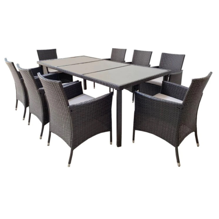 Set mobilier gradina 8 scaune si masa 196x98x73 cm, ratan si cadru otel zincat, blat masa sticla securizata, maro [3]