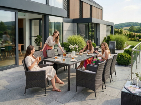 Set mobilier gradina 8 scaune si masa 196x98x73 cm, ratan si cadru otel zincat, blat masa sticla securizata, maro [14]