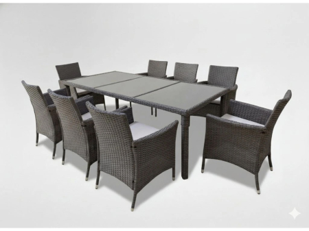 Set mobilier gradina 8 scaune si masa 196x98x73 cm, ratan si cadru otel zincat, blat masa sticla securizata, maro [2]