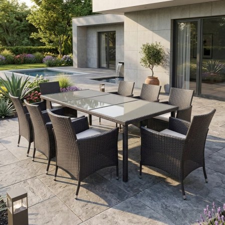 Mobilier gradina si terasa - Set mobilier gradina 8 scaune si masa 196x98x73 cm, ratan si cadru otel zincat, blat masa sticla securizata, maro